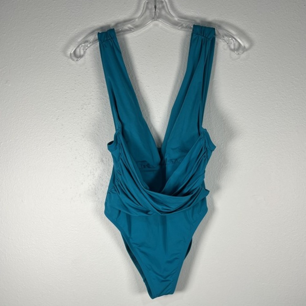 TRINA TURK Getaway Solid Wrap Front One Piece Turquoise Size 10